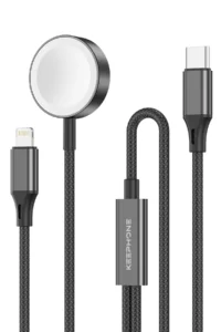 Keephone IC-014 Type-C to Lightning ve Kablosuz Saat Şarj Çıkışlı 2in1 Örgü Hızlı Şarj Kablosu - Siyah